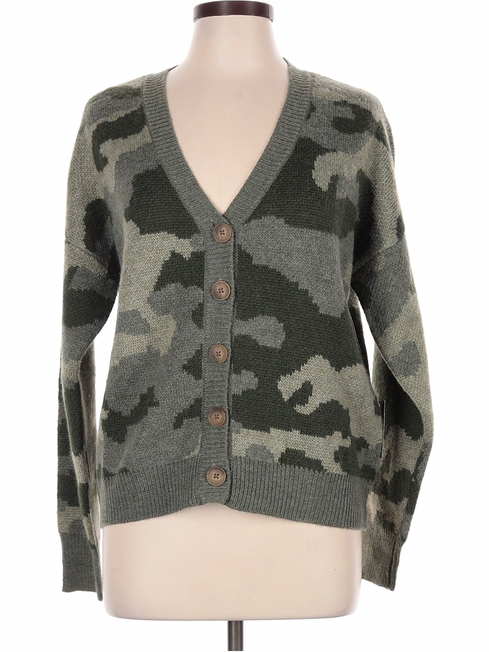 Lucky Brand Green Camo V-Neck Button Cardigan